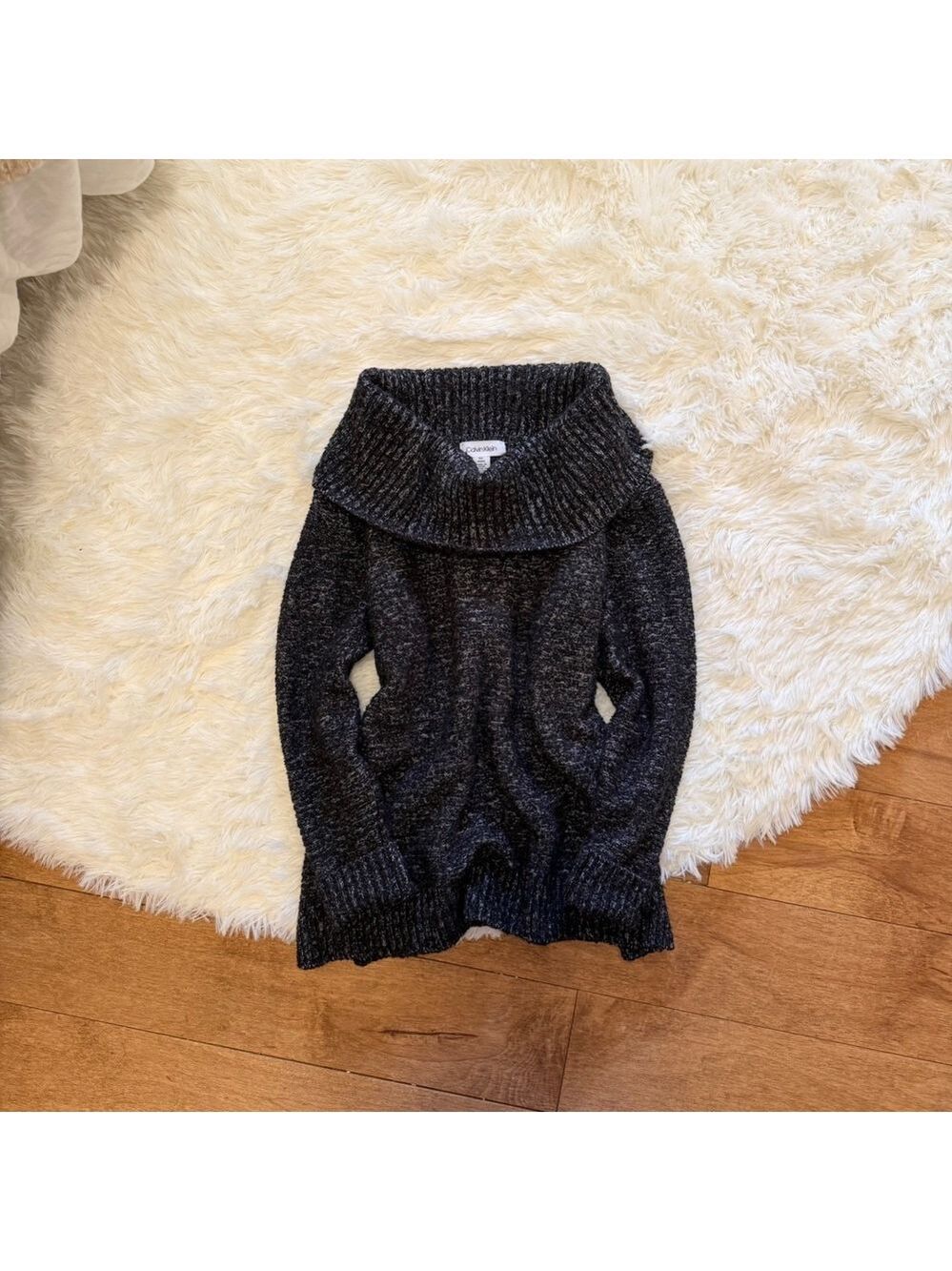 Womens Calvin Klein Cowl Neck Sweater Charcoal Grey Knit Size Medium Minimalist
